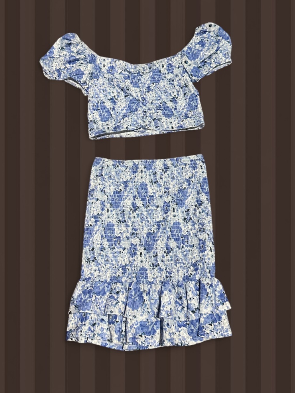 Blue Floral Smocked Crop Top with Ruffle Hem Skirt Set